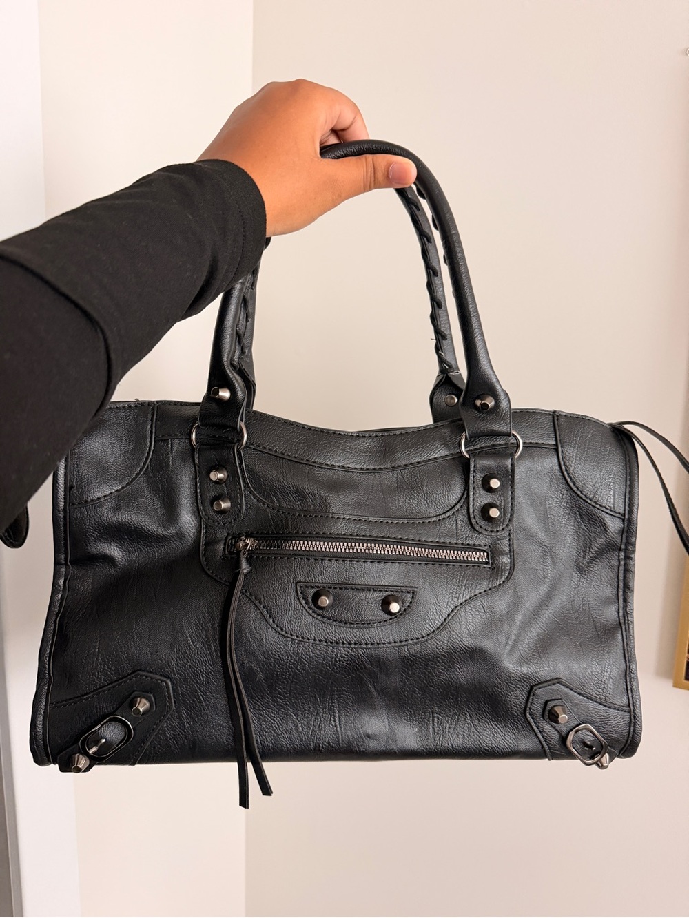 Black Leather Satchel Handbag - Classic Women's Tote